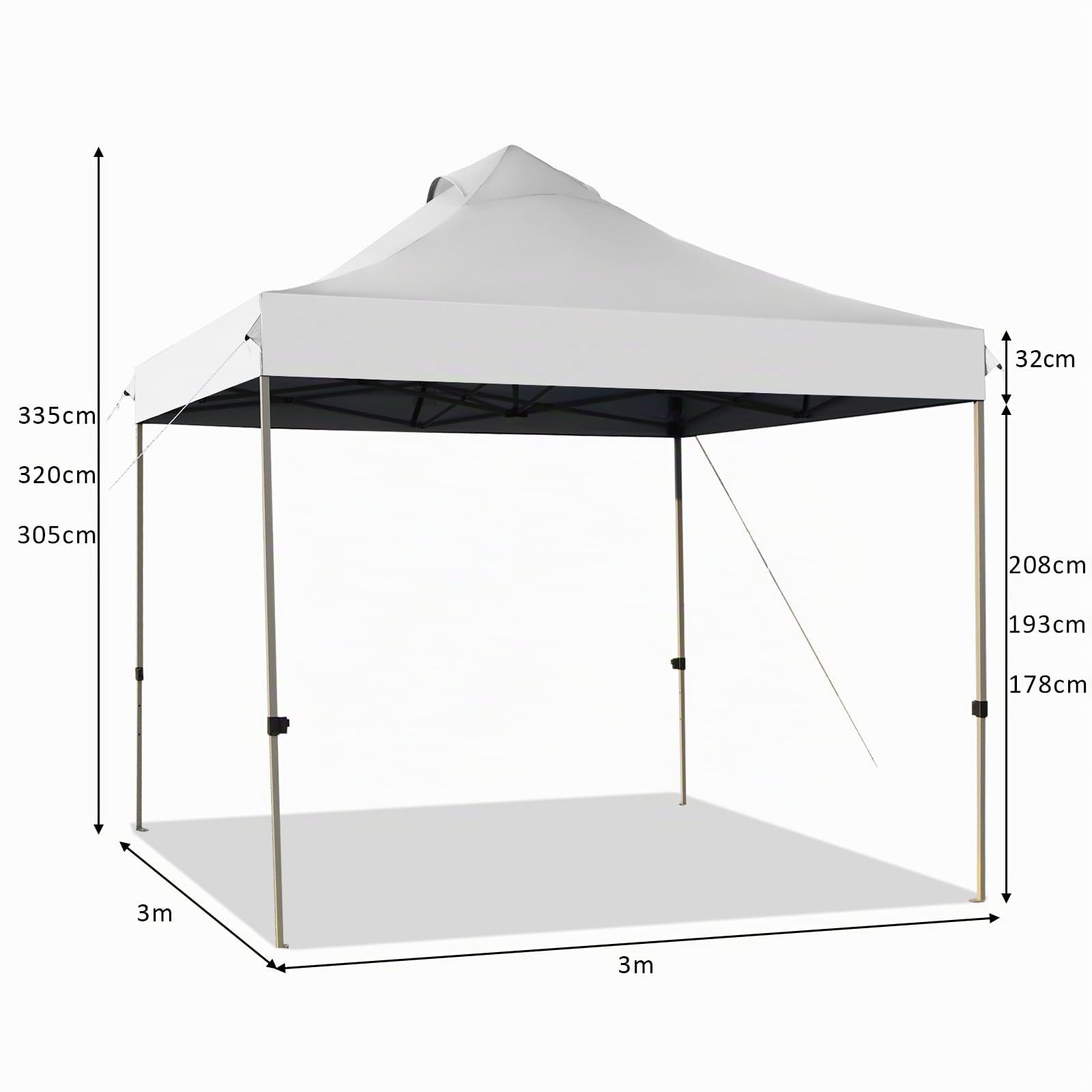 COSTWAY Tonnelle Pliable 3x3M, Tente de Jardin Imperméable Protection UV 50+, 3 Hauteurs 305/320/335 cm avec Sac de Rangement à roulettes, pour Fête Marché Patio (Blanc)