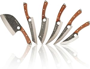 Heritage Forge 6 Piece Knife Set Serbian Knife Viking Knife Cleaver Boning Scimitar Kiritsuke Hand Forged High Carbon Steel Kitchen Butcher Knives for Meat Vegetables and Daily Prep