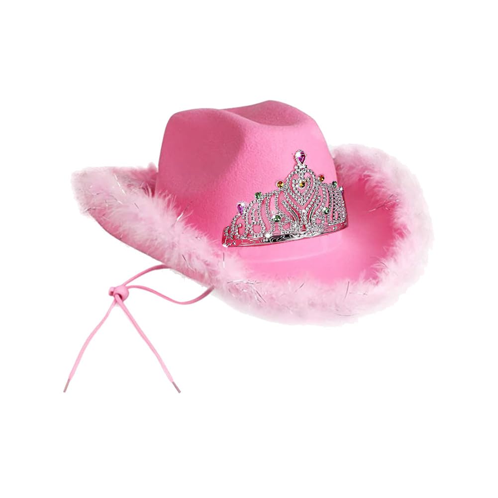 ZOOMPIL Sombrero de Vaquero Rosa, Sombreros de Vaquera con Tiara, para Disfraz, Vacaciones, Fiesta, Halloween, Carnaval, Accesorio De