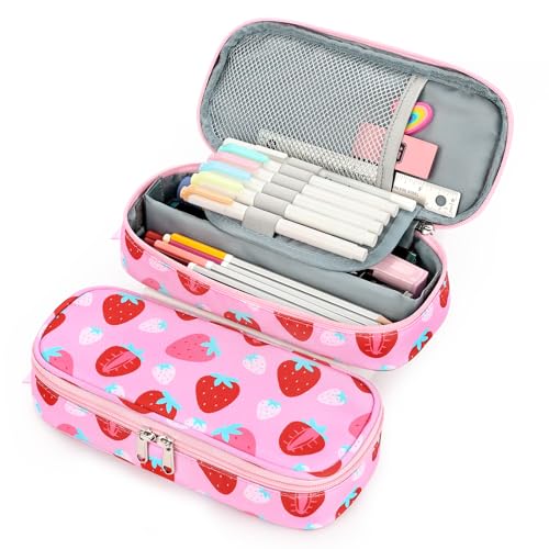 Image of mibasies Girls Pencil Case for Kids, Multi-Slot Pencil Pouch, Assorted Strawberry Red