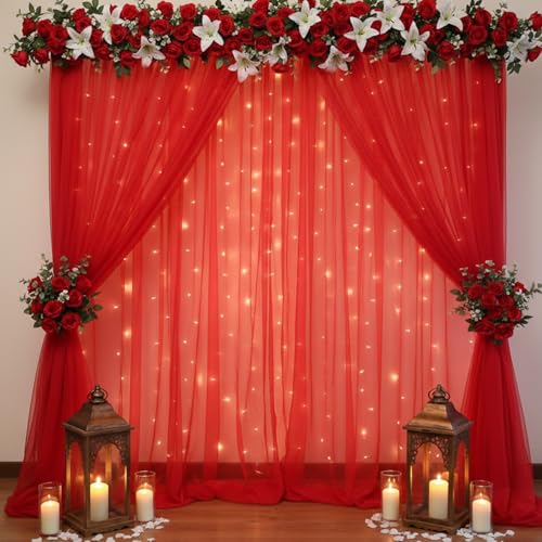 Image of Party Propz Red Backdrop Decoration - 3Pcs, Backdrop Cloth for Decoration Pooja, Pooja Background Decorations Items, Wedding and Haldi Decorations, Red Curtain for Anniversary Decor(Net Mix)