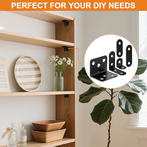 Image of 40 Pack L Bracket Corner Brace Kit, 5 Sizes Stainless Steel L Brackets for Wood Shelves, 90 Degree Right Angle Bracket, Black Metal Corner Brackets for Furniture Cabinet Drawer Chair with 116 Screws