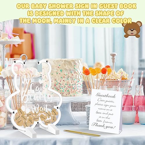 Image of Kosiz Bear Baby Shower Guest Book, We Can Bearly Wait Acrylic Guest Book Alternative with Wooden Hearts for 60 Guests, Baby Shower Sign and Nursery Keepsake for Mom-to-Be