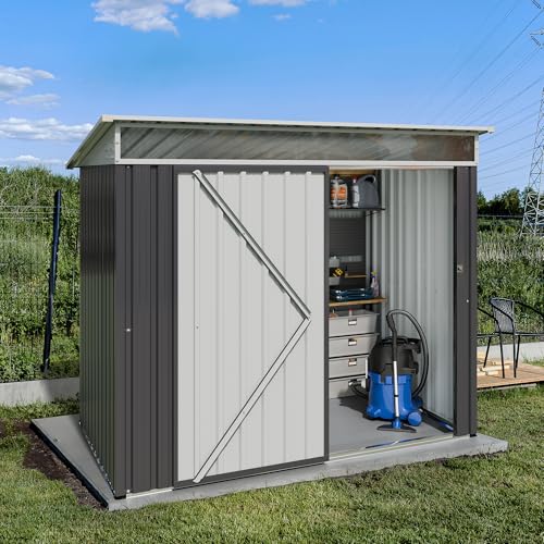 Image of JY QAQA 6x4 FT Metal Outdoor Garden Storage Shed,Waterproof Metal Garden Sheds with Window and Lockable Double Door,Weather Resistant Steel Tool Storage House Shed for,Garden,Patio,Lawn, Dark Grey