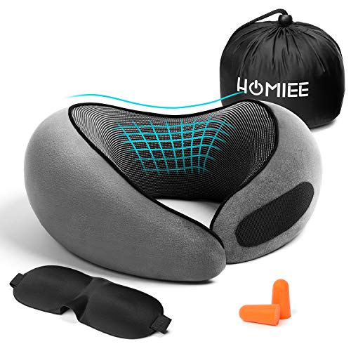HOMIEE ネックピロー 低反発 U型 飛行機 携帯枕 首枕 旅行 頚椎サポート枕 肩こり トラベルピロー 洗えるカバー 調節可能 自宅 新幹線 収納ポーチ付き｢1年保証｣ (グレー)