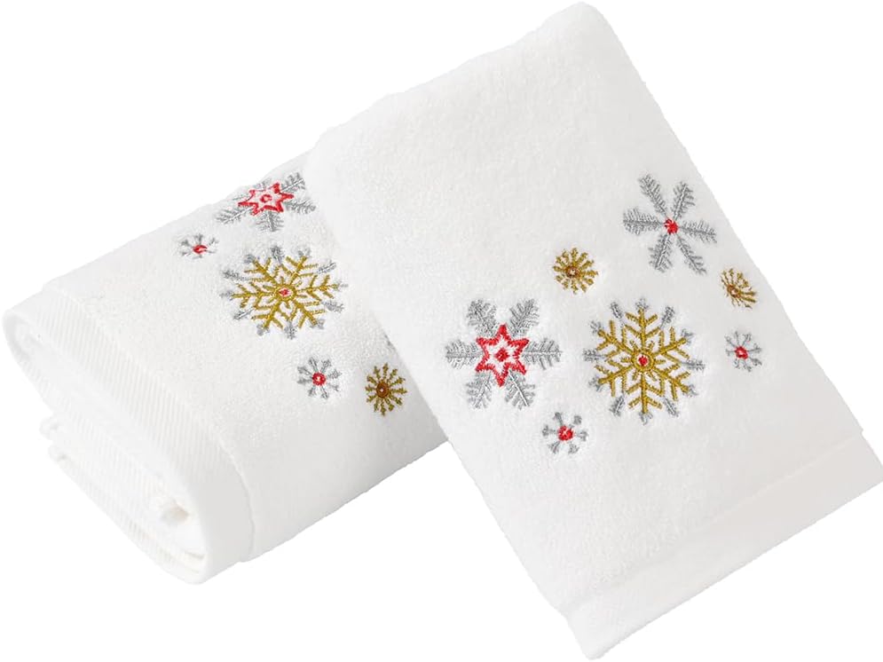 Snowflake Embroidered Design White Hand Towel Set of 2 Winter Holiday Decorative Ultra Absorbent 100% Cotton Super Soft Luxury Bathroom Hand Towels 13 x 29 Inch