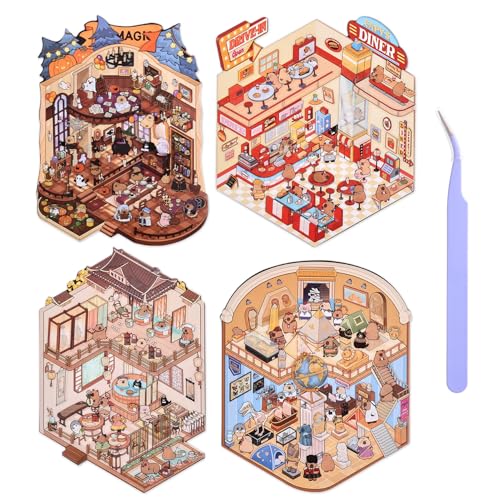 Calcomanías en miniatura 3D para niñas, 4 juegos de calcomanías de casa de viaje por el mundo para museun, hotel, casa mágica, restaurante de autos, lindas calcomanías de escena de dibujos animados 3D
