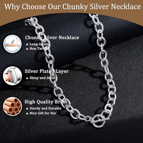CHESKY Chunky Silver Necklace for Women, Trendy Silver Plated Chain Necklace Layered Paperclip Herringbone Cuban Link Chain Necklace Thick Toggle Necklaces Non Tarnish Womens Jewelry 5