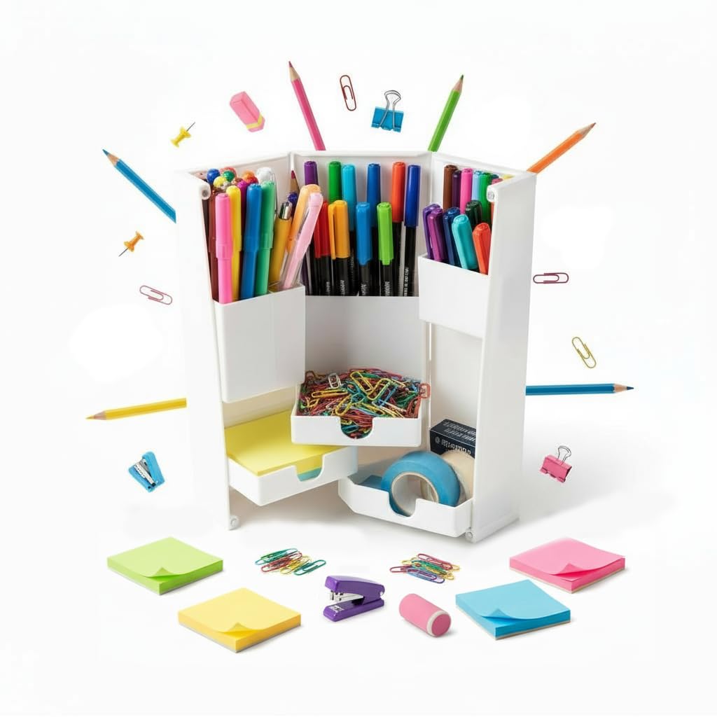 Organizer Da Scrivania Triangolare 3 Strati In PP E ABS – Portapenne E Porta Trucco Multiscomparto, Bianco