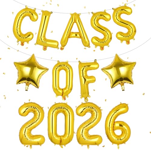 Class Of 2026 Decorations Balloons Class Of 2026 Balloon With Star Banner Graduation Foil Balloons 16inch Prom Decorations for Graduation Congratulations Prom Party Backdrop Decoration (golden)