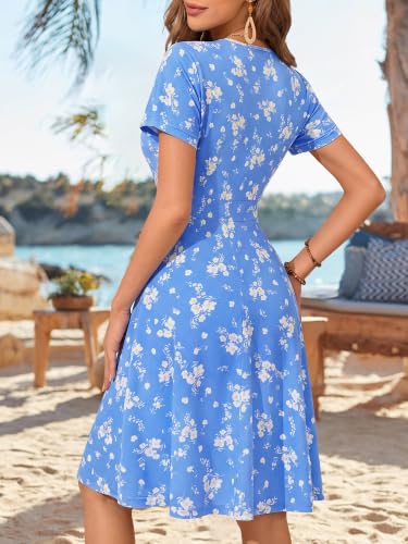 Image of MSBASIC Womens Summer Wrap V Neck Casual Dresses Floral Short Sleeve A-Line Midi Sundress