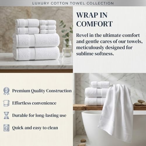 Image of Sulfar 100% Combed Cotton, 8 Pcs Towel Set - 2 Bath Towels (70 x 140 cm), 2 Hand Towels (40 x 70 cm) and 4 Washcloths (30 x 30 cm) (600 GSM, Pack of 8) White