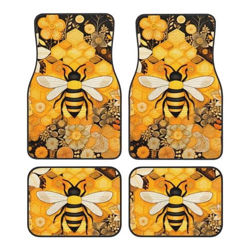 Image of Flowers and Honey Bee Vintage Yellow Print Car Floor Mats Carpets Rugs Set of 4, Non-Slip Auto Car Accessories Universal Fit for Car SUV Truck Van