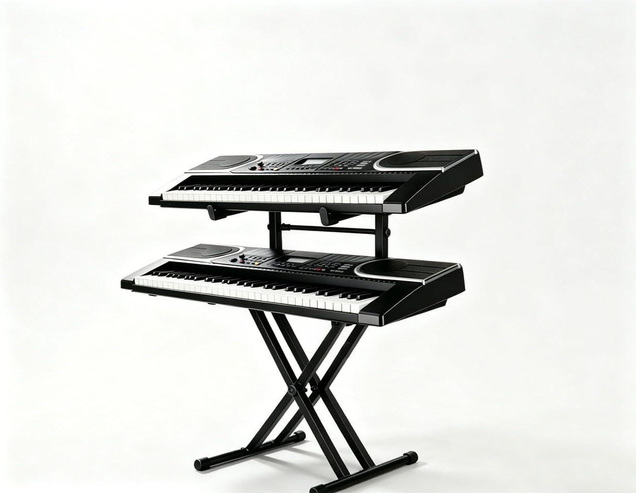 2 Tier keyboard stand Suitable for two-layer keyboards of electronic pianos, music keyboards and synthesizers. Equipped with adjustable stand arms (extendable, adjustable inclination angle), only applicable to X-shaped round tube stands.