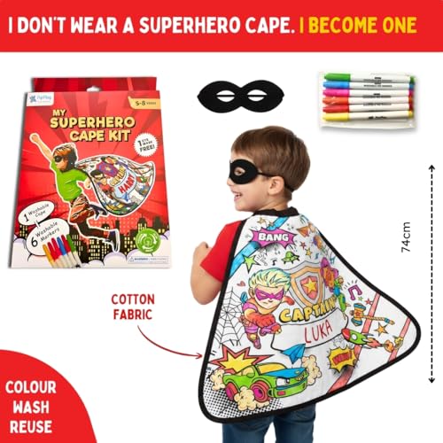 Image of PepPlay Superhero Cape Coloring Kit - Personalised Cotton Cape, Comic Heroes & Shields | Eye Mask + 6 Washable Markers | Reusable Pretend Play Birthday Return Gift for Boys Age 4-8