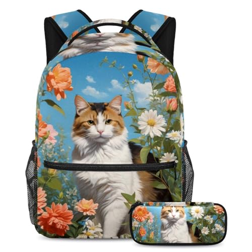 Sac à dos chat mignon et fleur fini le désordre avec la trousse assortie