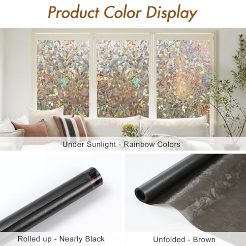 Image of Haton Window Privacy Film, Rainbow Film, Brown 11.8 inch x 78.7 inch | Stained Glass Decorative Window Clings, Static Cling No Glue Removable, Sun Blocking Heat Control Stickers for Home Doors