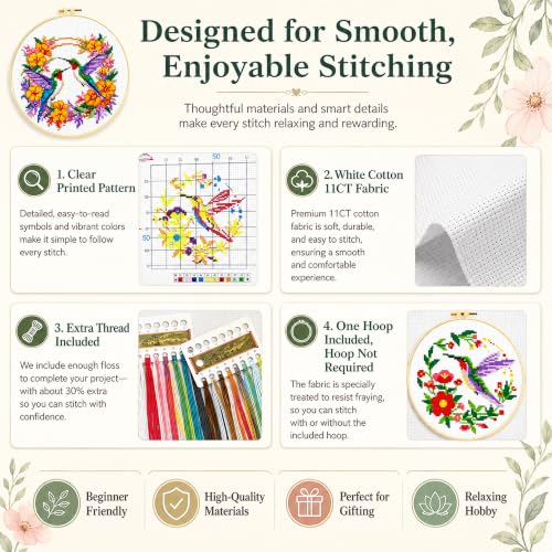 Image of Zhenqing Cross Stitch Kit for Beginners 4 Pack Bird Floral Embroidery Kit 11CT Stamped Aida Cloth DIY Pre Printed Cross Stitch Kits with Hoop Needle Thread Home Wall Decor Craft Gift Set