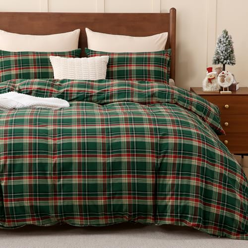 Image of TOCOMOA Christmas Plaid Duvet Cover Set 100% Washed Cotton Like Linen Feel Super Soft Comfy 3 Piece Green Red Gingham Checkered Bedding Comforter Cover Set (Full 80 inchx90 inch, Comforter Not Included)