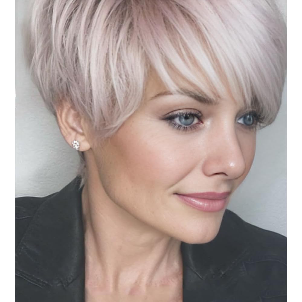 SEVENCOLORS Short Pixie Cut Wigs for White Women Blonde Mixed Light Pink Short Wigs with Bangs Layered Synthetic Hair Wigs Natural Looking