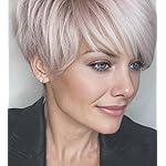 SEVENCOLORS Short Pixie Cut Wigs for White Women Blonde Mixed Light Pink Short Wigs with Bangs Layered Synthetic Hair Wigs Natural Looking