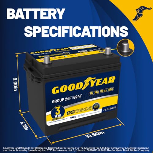 Image of Goodyear 24F-AGM BCI Group Size 24F 12V 70 AH, 120RC, 710 CCA Platinum series Rechargeable AGM Maintenance Free Automotive Battery