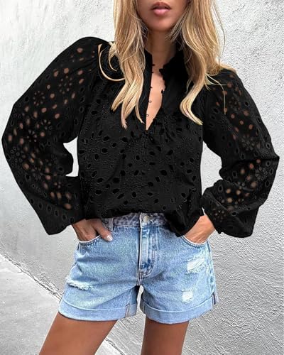 BETTE BOUTIK Women's Long Short Sleeve Tops 2025 Dressy Casual Button Hollow Out Lace Embroidered Blouses Shirts