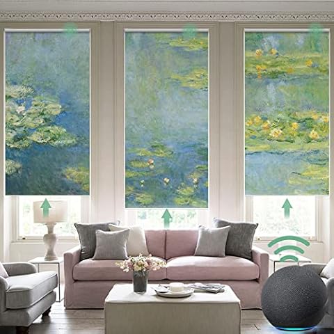 Yoolax Motorized Blackout Window Shades Painting Design Free-Stop Wireless Rechargeable Window Blinds Customize Size Shades (Water Lilies) Cover