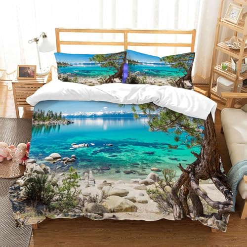 Funda Nordica Cama 180 Lago Funda Edredon Microfibra Ropa de Cama Paisaje de Verano Fundas Nórdicas 260x240 con 2 Fundas de Almohada 50x75 con Cremallera D-3135
