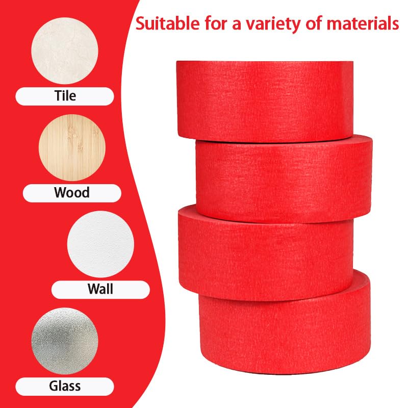Image of 4-Packs Red Painters Tape 2inch x 55 Yards (220 Total Yards), Medium Adhesive Red Masking Tape for Wall Painting, Furniture Painting, DIY Handmade Decoration