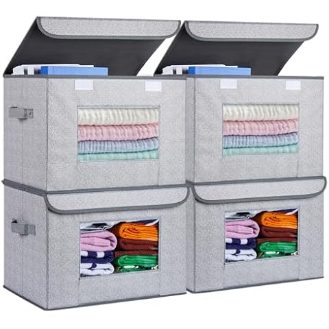 Univivi Fabric Foldable Storage Boxes [4-Pack] Large Collapsible Stackable Storage Bins with Lids, Closet Organizers and Storage Cube Basket for Home, Office, Bedroom (Gray, 17“ x 12” x 12") Cover