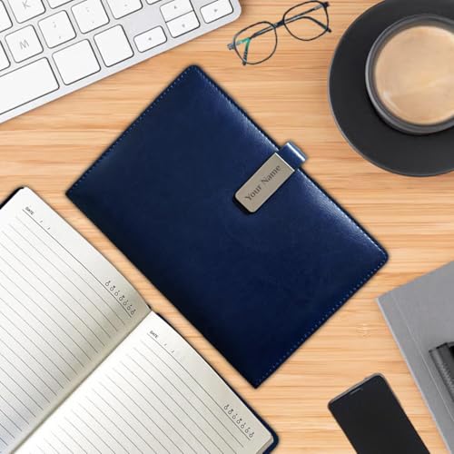 Image of Giftana Personalized Diary with Name, Customized Leather Diaries with Magnetic Overlap Lock,192 Pages, Personalised A5 Notebook Diary, New Year Corporate Gifts for Employee (Blue)