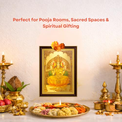 Image of Paramporul Gallery Lakshmi in Yellow Saree Auspicious Gold Foil Photo Frame for Pooja Room, Hindu God Wall Decor, Ready to Hang, 10x14 Inch