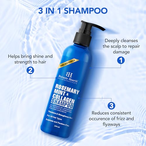 Image of Botanic Hearth Rosemary Mint Shampoo with Peppermint Oil, Jojoba Oil & Collagen | Thickens & Strengthens Hair | Helps Reduce Hairfall | Shampoo for Women and Men | Sulphate & Paraben Free, 200ml