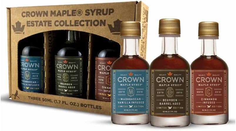 Crown Maple Artisan Trio Collection in Petite 50ML (1.7 Fl. Oz.) Window Box featuring Bourbon Barrel Aged, Madagascar Vanilla Infused, and Cinnamon Infused Organic Maple Syrup