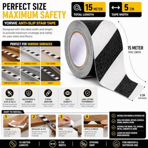 Image of YORWE Anti Slip Stair Tape with Glow in the Dark Strip - Heavy Duty Waterproof Non Slip Traction Tape for Stairs, Steps, Outdoor & Indoor Safety (Black and White, 15 Meter)