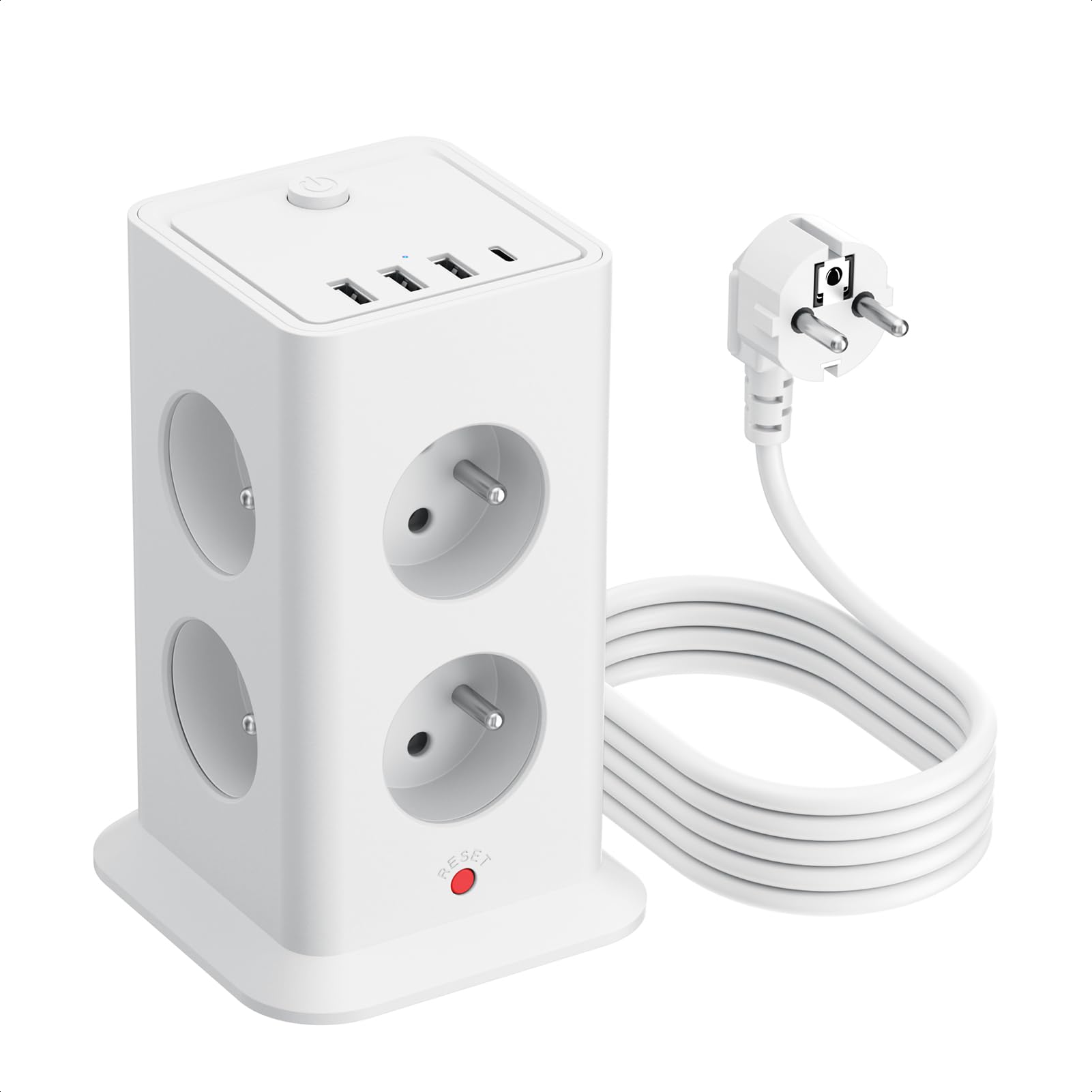 12-in-1-Mehrfachsteckdose mit Schalter, Steckdosenleiste mit 8 AC-Steckdosen mit 4 USB-Anschlüssen, Steckdosenleiste Überspannungsschutz und Überspannung mit Schalter, 3680 W, Kabel 3 m, für Haus
