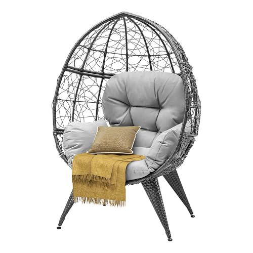 DWVO Oversized Egg Chair with Stand Rattan Outdoor Chairs, Large Lounger Chair with Cushion, Adjustable Leveling Feet, Egg Chair Indoor for Bedroom, Living Room, Outdoor Backyard, Patio, Garden, Grey