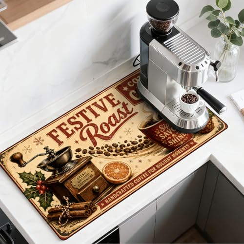 BVBOX Coffee Bar Mat 17" x 32", Absorbent Dish Drying Mat Cuttable Hide Stain Draining Table Pad for Kitchen Counter, Coffee Bar Accessories (Festive Roast)