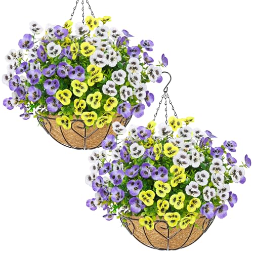 MEIVINES 2Pack Artificial Hanging Plants Flowers Basket for Outdoor Outside Spring Summer Decoration Colorful Faux Silk Pansy in Planter UV Resistant Flowers for Home Patio Garden Porch (Mix 3Color)