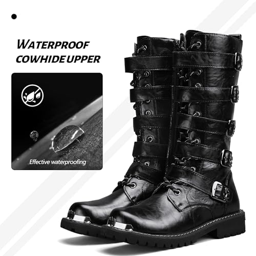 Mens Black Cool Style Eye Catching Buckle Closure High Top Leather Motorcycle Boots Waterproof Non Slip Wear Resistant Durable Stitching Shoes Body Lightweight And Soft Shoes2