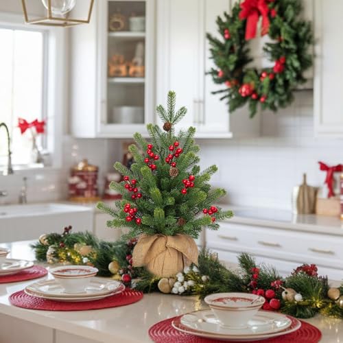 18inchtabletopchristmastreesmallartificialxmastreeminichristmastreewithredberriespineconesandburlapbaseminiaturechristmasdecorforhomefarmhousedesk  Urban Country Home Decor 18 inch table top christmas tree small artificial xmas tree mini christmas tree with red berries pine cones and burlap base miniature christmas decor for home farmhouse desk  urban country home decor
