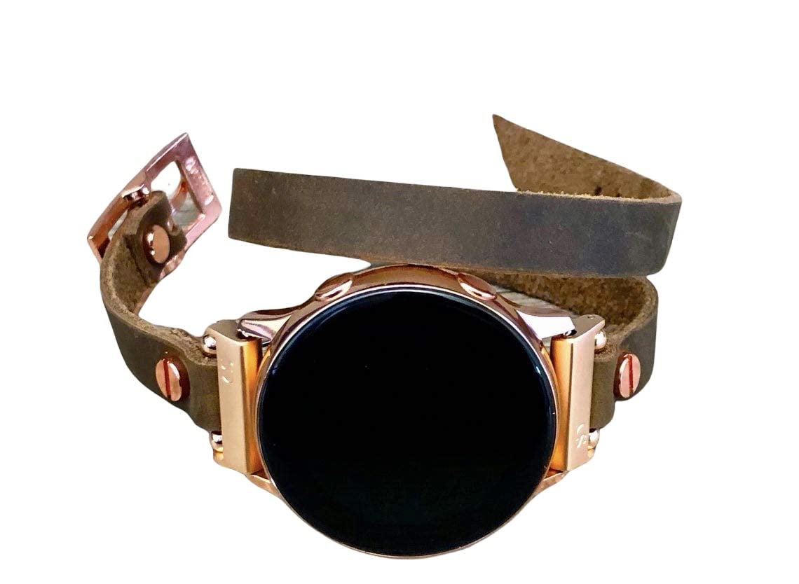 Double Wrap Rustic Brown Leather Strap Bracelet For Samsung Galaxy Watch Active Adjustable Size Slim Band Artisan Design Rose Gold Women Jewelry Wristband