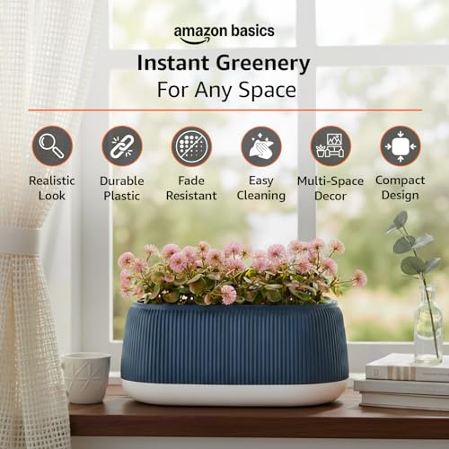 Image of amazon basics Pink Flowers with Blue and White Plastic Pot | Realistic 20 cm Greenery | Durable Plastic | Stylish & Compact | Zero Maintenance | Indoor, Outdoor, Home & Office Decor