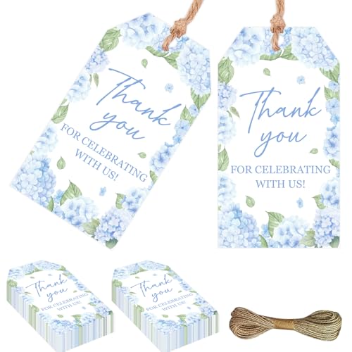 Étiquettes de remerciement mariage et fête en papier floral bleu avec ficelle lot de 50