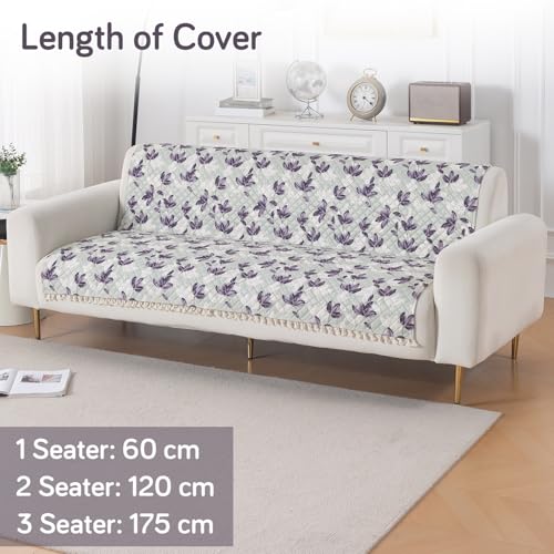 Image of HOKIPO Lavender Vine Quilted Sofa Cover with Tassels 3 Seater for Seat & Back, (152x175 cm), 'Tassel Twigs' Series (IN-991-T1)