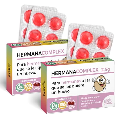 Pack 2 cajas de caramelos HERMANACOMPLEX | 24 caramelos sin azúcar sabor cereza | Detalle para hermanas con personalidad | Regalo de cumpleaños, Navidad | Idea original para regalar
