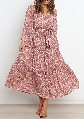 Prettygarden Women’s Long Sleeve V Neck Leopard Print Ruffle Maxi Dress Tie Waist Boho Chiffon Flowy Long Dress (Pink, Large) #TOP2