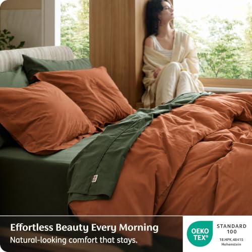 Image of Bedsure PureWoven 100% Washed Cotton Duvet Cover Set, King Size, 3-PC | Linen Like Texture, Percale Breathable Bedding Set for All Seasons, Zipper Closure, 8 Corner Ties, Burnt Orange, 104 inch x 90 inch