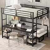 Queen Over Twin XL Metal Bunk Bed/Loft Bed with Desk and Shelves, Multiple Uses Folds into Sofa with LED and USB, Suitable for Kids Teens Adults